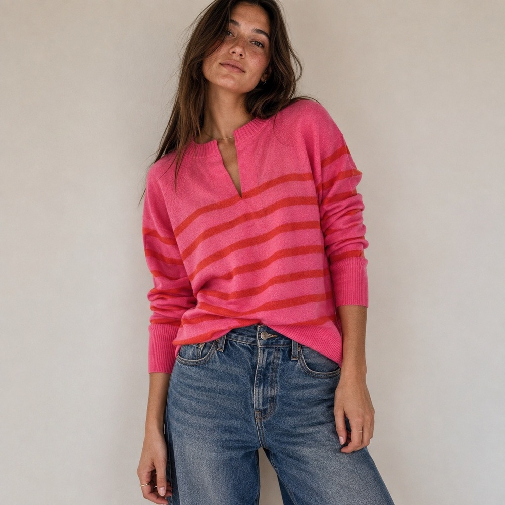 J.Crew Cashmere Striped Split Neck Pullover Sweater Pink S